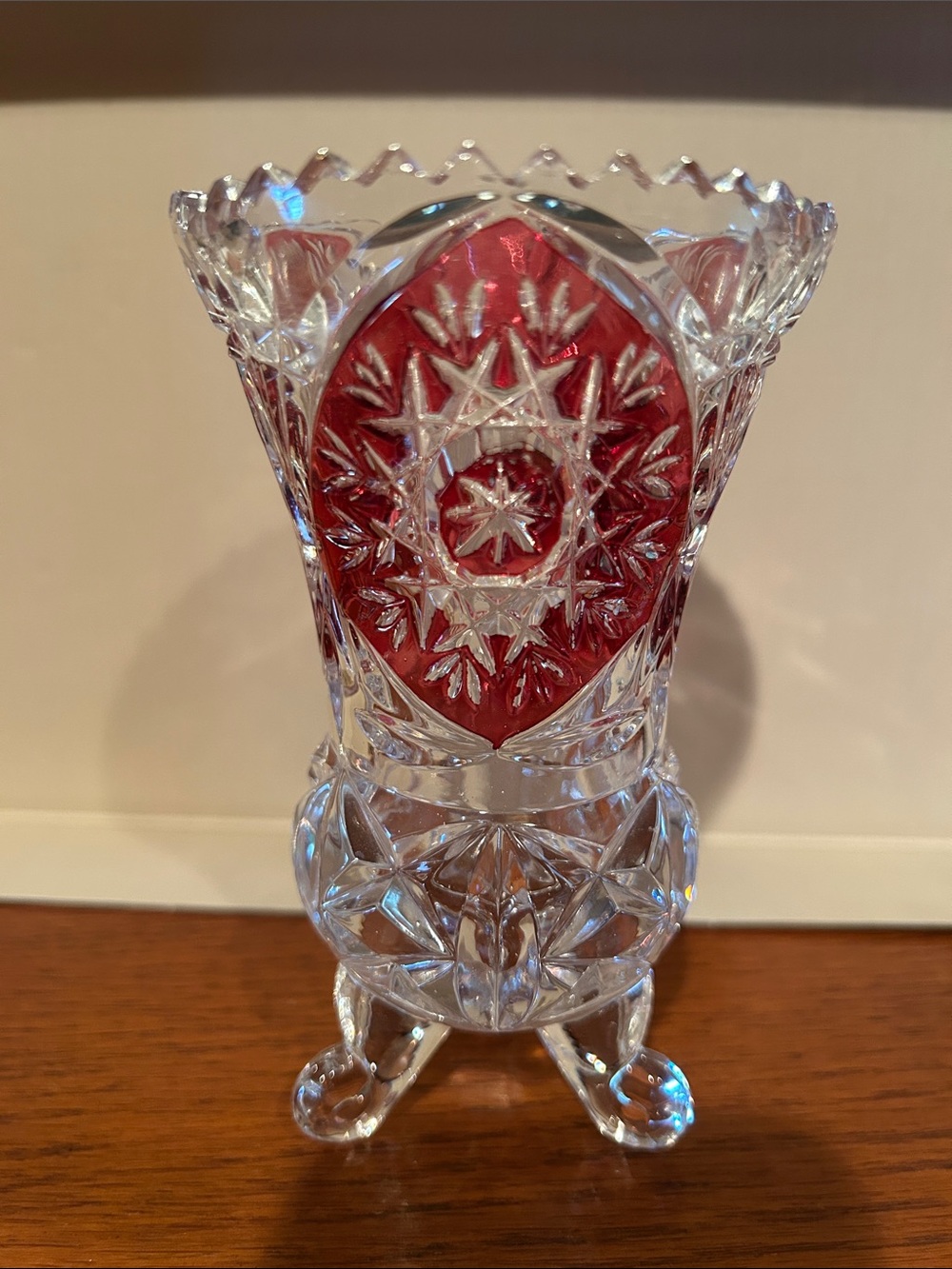 Vintage 5.5” Red and Clear Cut Glass Decorative Vase -